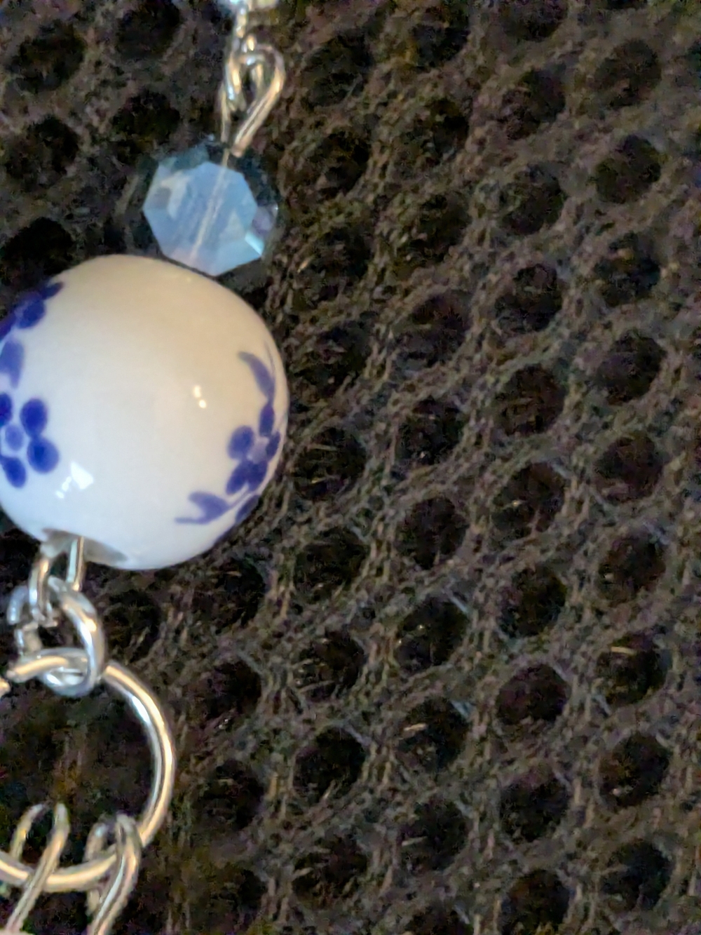 White and Blue Floral Porcelain Hoop Dentalium Shell Earrings - Picture 4 of 6